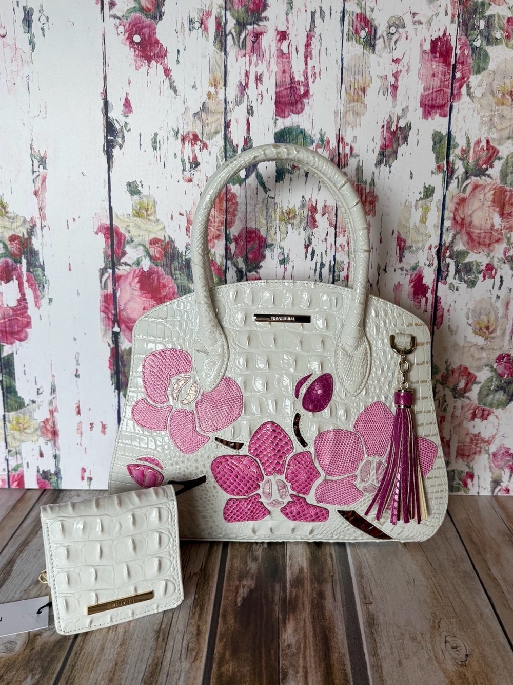 SET ~~ Brahmin Rosetta Sea Salt ANABAS Floral White Pink Flowers NWT AND JANE